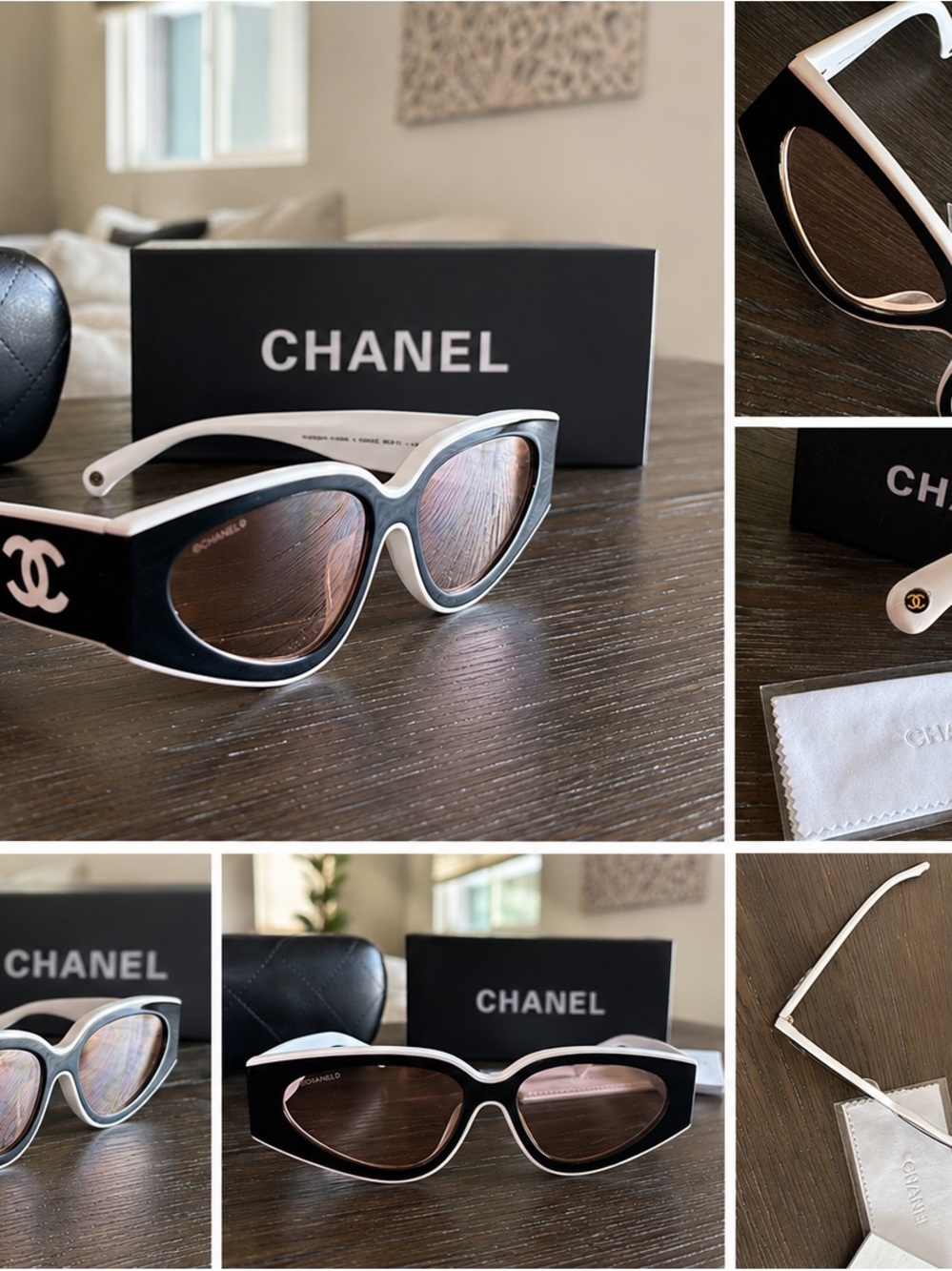 CHANEL Black and White Cat-Eye Sunglasses with Brown Lenses - Picture 3 of 7